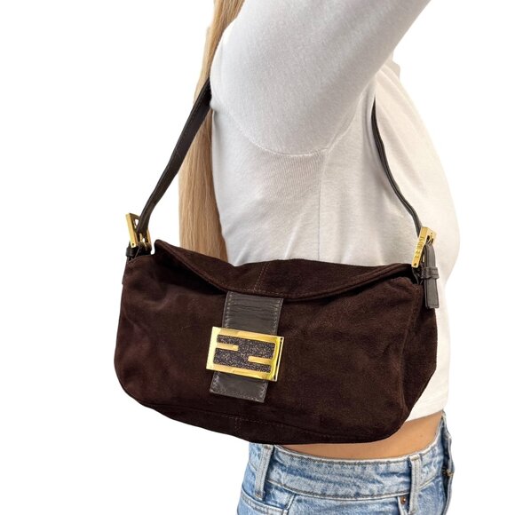 FENDI Vintage FF Logo Shoulder Bag Crossbody Brown Gold Suede Leather [106214] - Picture 1 of 14